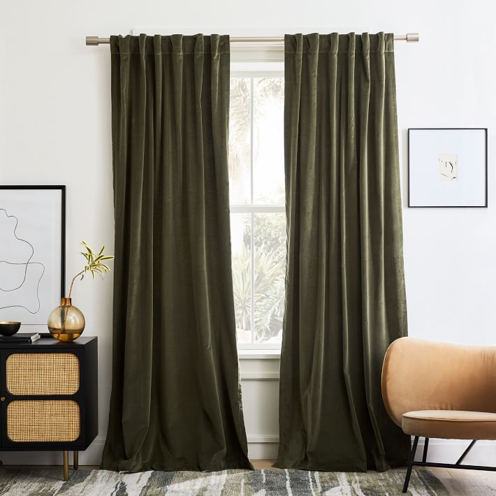 Cotton Velvet Curtain Dark Olive 96" thumbnail 3