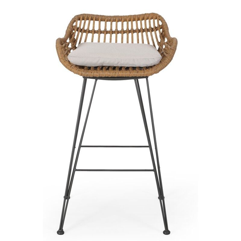 Endicott Lucrezia Wicker Patio Bar Stool with Cushion Set of 2 thumbnail 3
