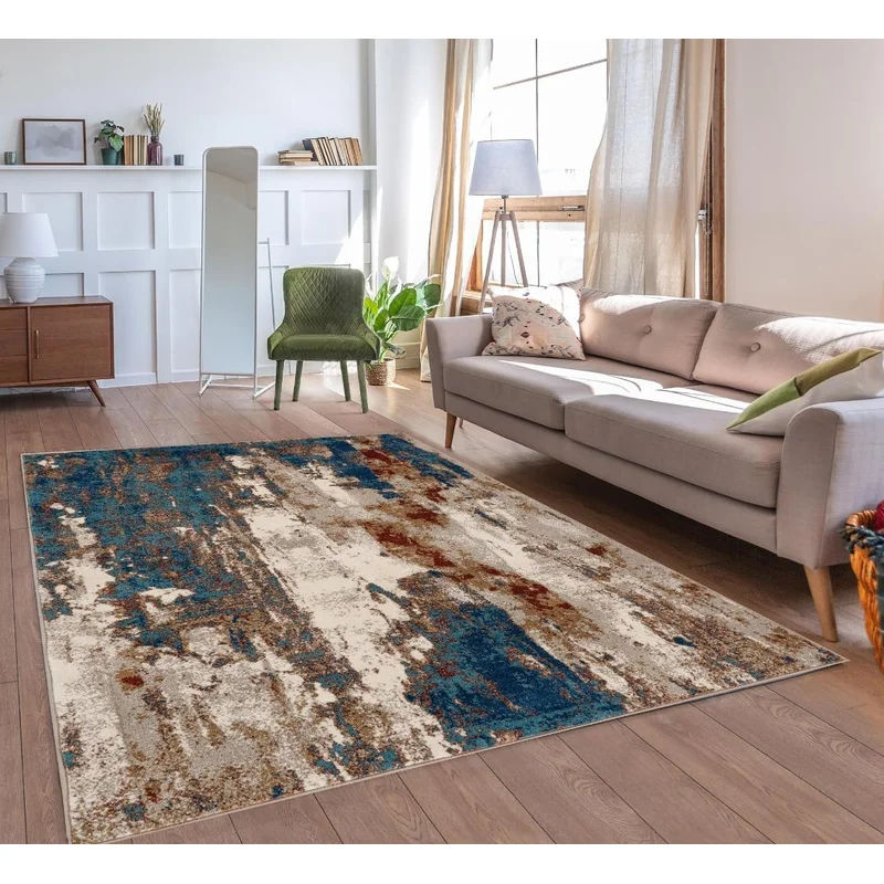 Semiha Abstract Blue Beige Area Rug 9'x12' thumbnail 4