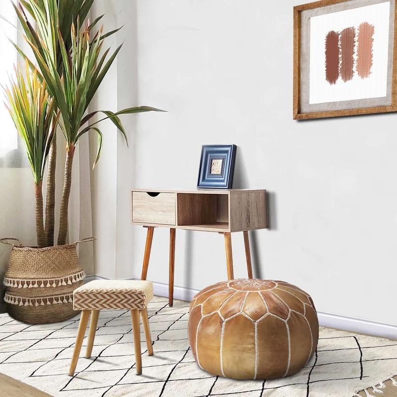 Genuine Leather Round Floral Pouf Ottoman thumbnail 2