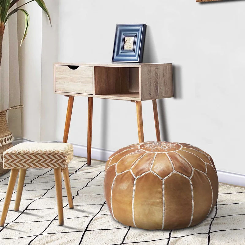 Genuine Leather Round Floral Pouf Ottoman thumbnail 3