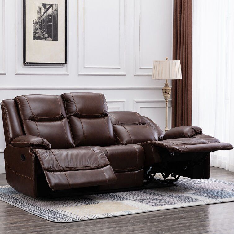 Genuine Leather Pillow Top Arm Reclining Sofa thumbnail 3