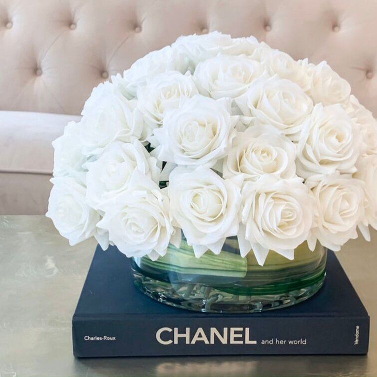 White Real Touch Rose Arrangement In Round Glass Vase thumbnail 2