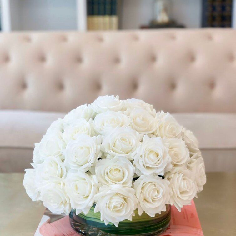 White Real Touch Rose Arrangement In Round Glass Vase thumbnail 3