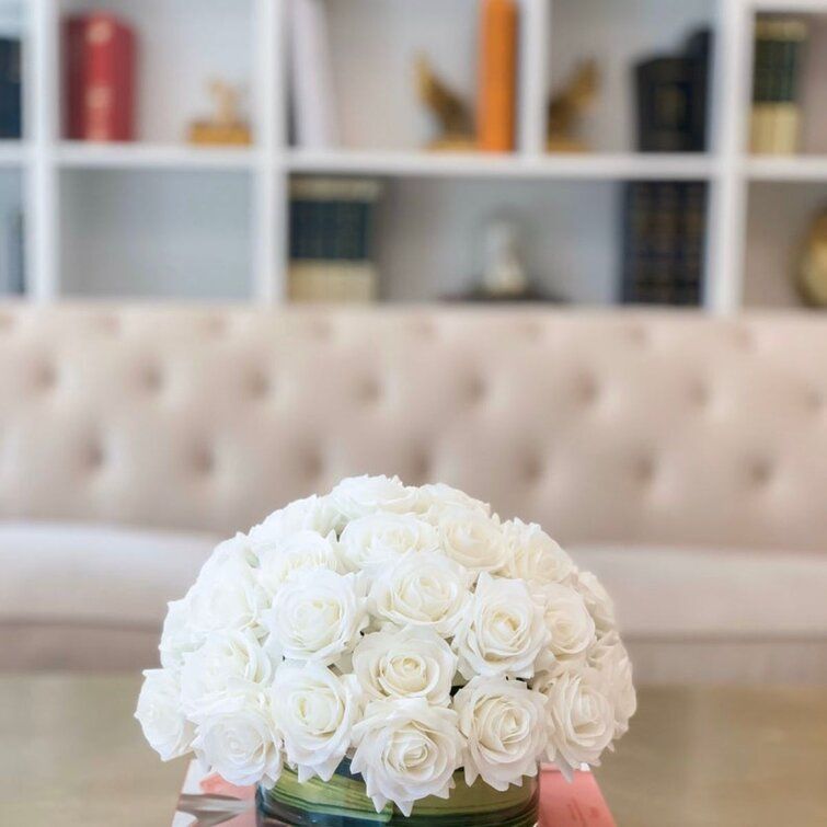 White Real Touch Rose Arrangement In Round Glass Vase thumbnail 4
