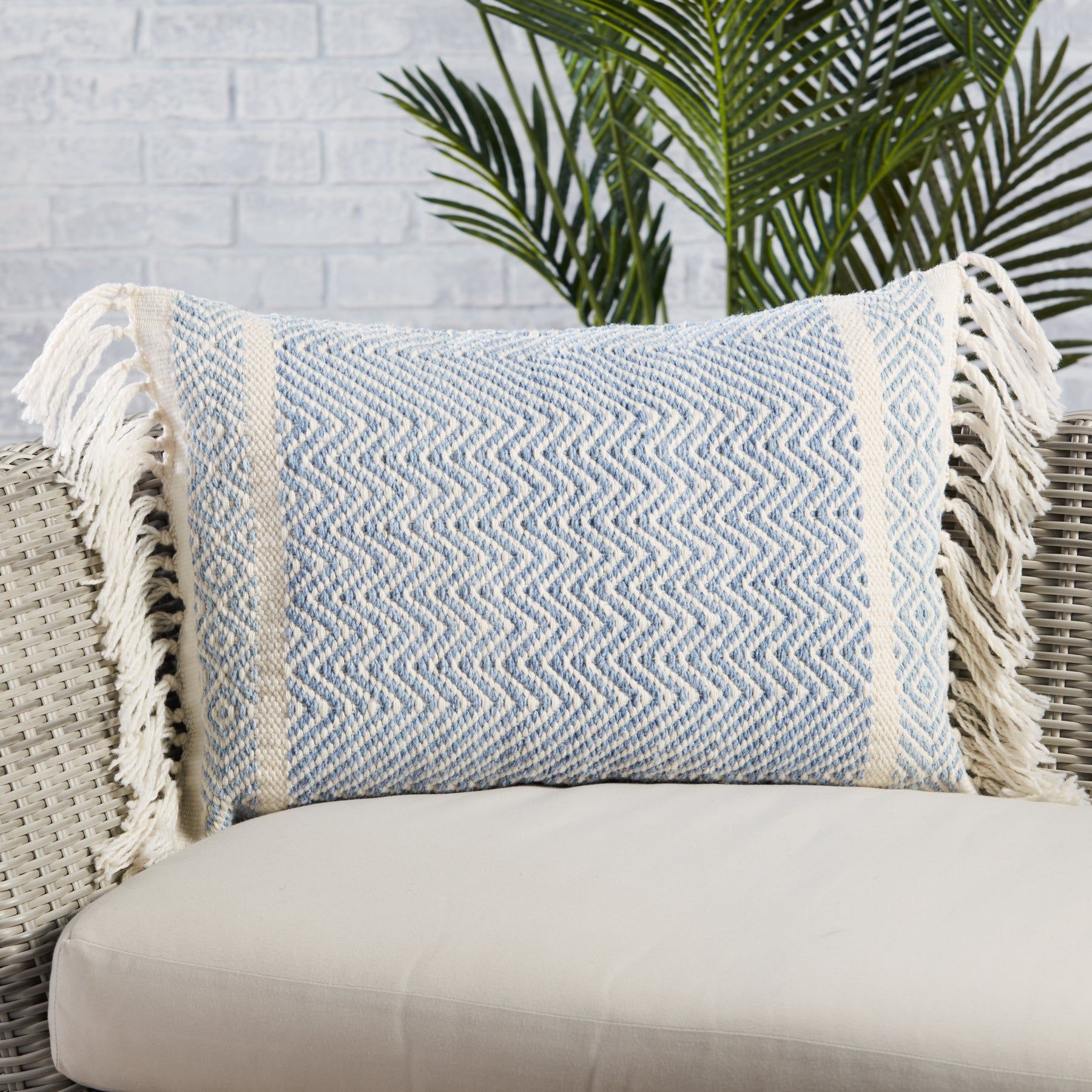 Iker Indoor Outdoor Light Blue Ivory Pillow With Insert-24"x16" thumbnail 4