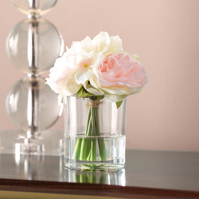 Hydrangea and Rose Floral Arrangement in Glass Vase thumbnail 2