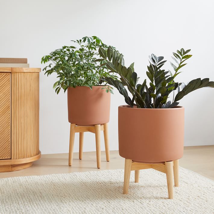Mid Century Turned Wood Leg Planters-Wide thumbnail 2