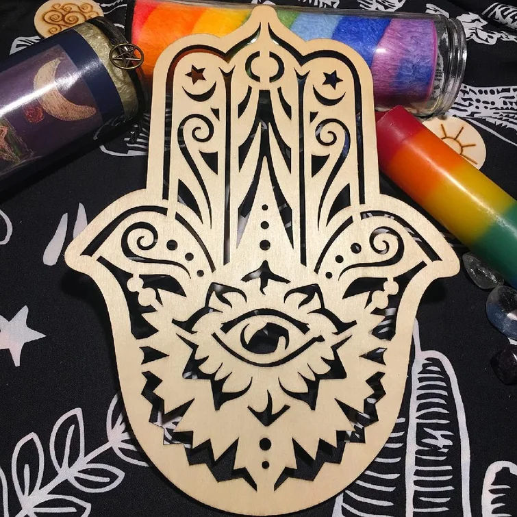 Wooden Crystal Mesh Plate Sacred Geometric Wall Hanging Hamsa thumbnail 4
