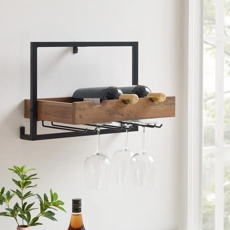 Mabery 3 Bottle Wall Mounted Wine Bottle and Glass Rack thumbnail 2