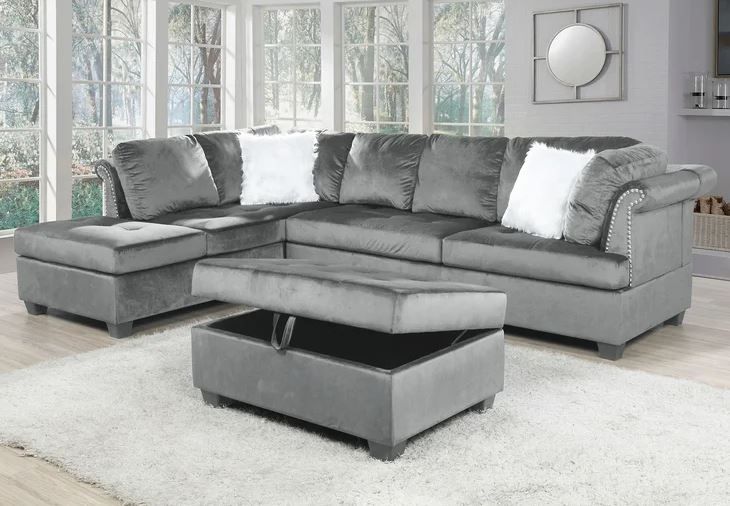 Wide Velvet Right Hand Facing Corner Sectional With Ottoman thumbnail 2