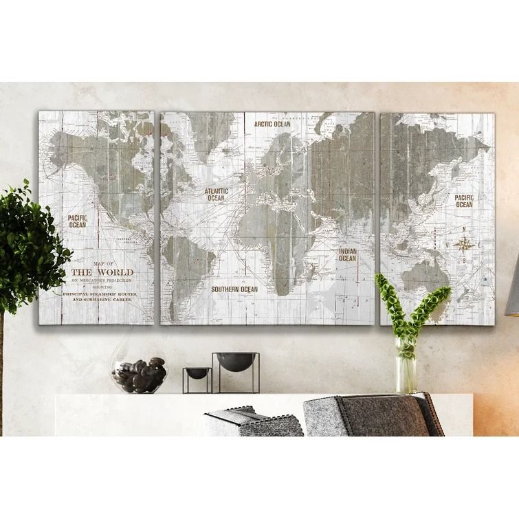 Old World Map 3 Piece Graphic Art on Canvas UnFrame 64"x32" thumbnail 3