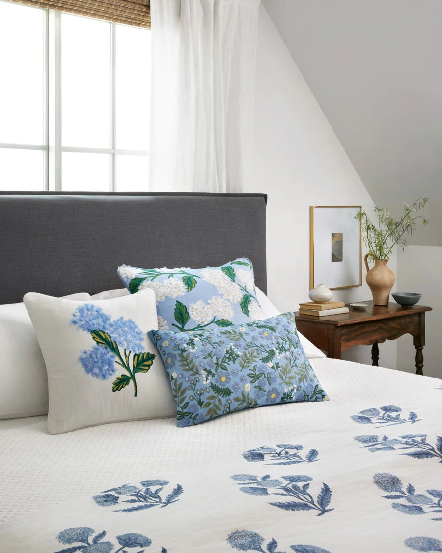 Hand Woven Blue  Ivory And Floral Pillow No Insert 22"x22" thumbnail 2