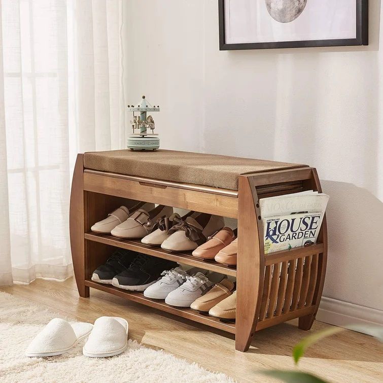 Bamboo Entryway Detachable Cushion Shoe Storage Bench thumbnail 2