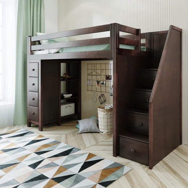 Tyree Twin 8 Drawer Solid Wood Loft Bed With Bookcase thumbnail 3