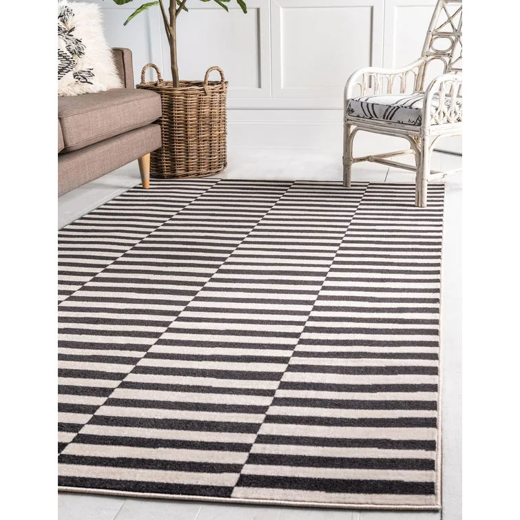 Jac-Dean Striped Area Rug in Ivory Black 8'x10' thumbnail 2