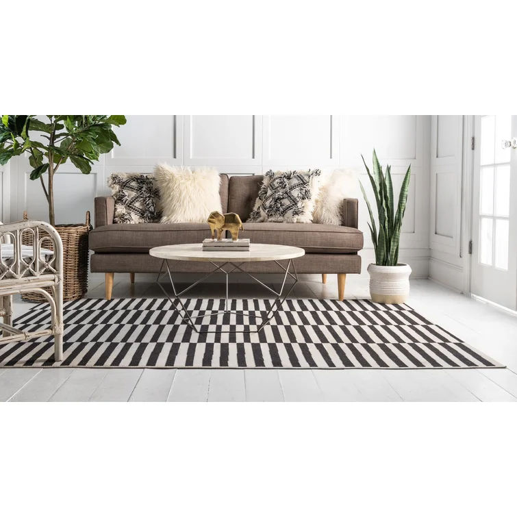 Jac-Dean Striped Area Rug in Ivory Black 8'x10' thumbnail 3