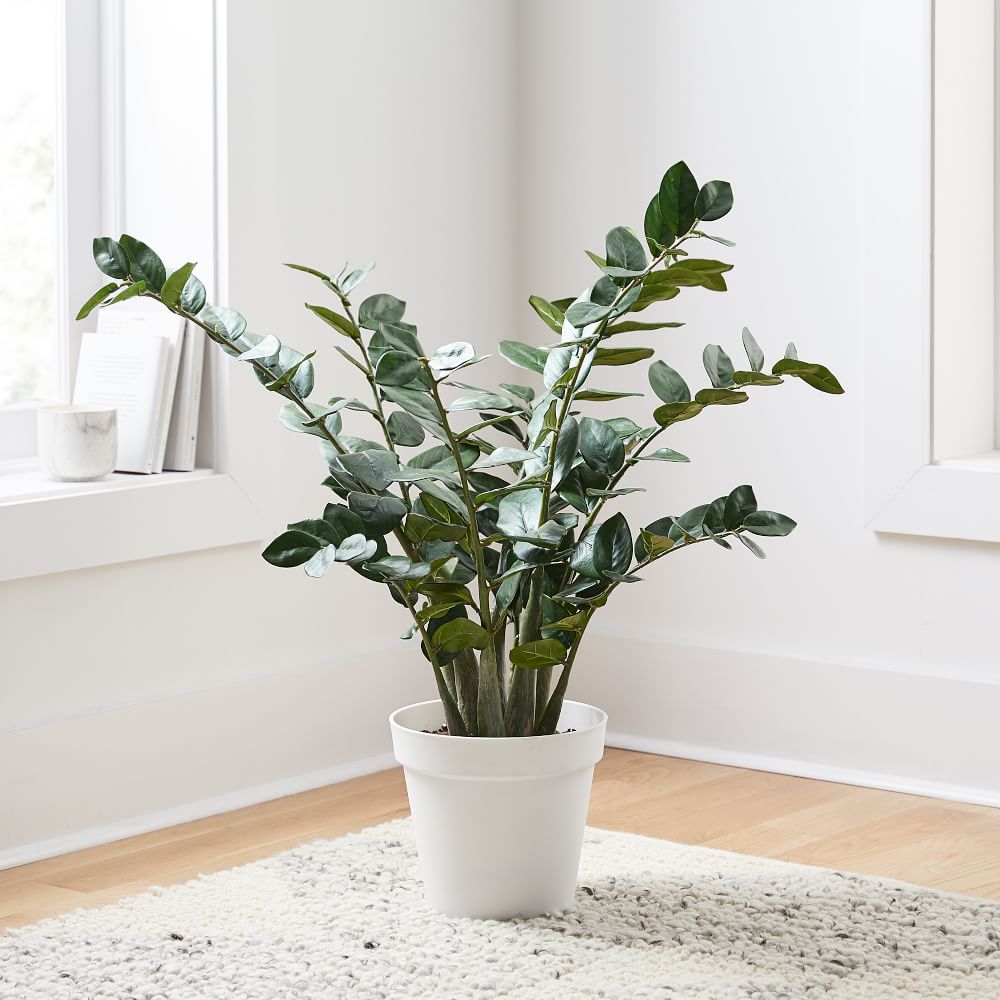 Faux Potted ZZ Plant and Fluted White Ceramic Floor Planter Set thumbnail 2
