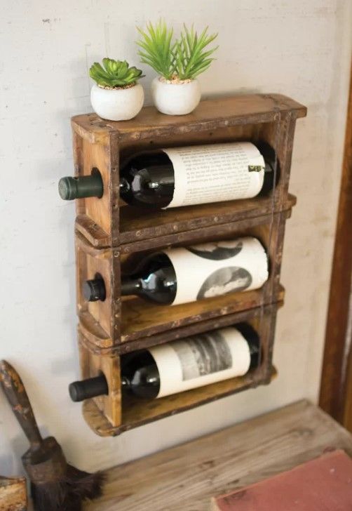 Shura Solid Wood Wall Mounted Wine Bottle Rack in Brown thumbnail 2