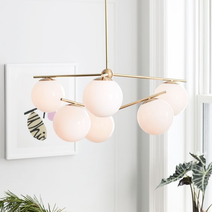 Sphere and Stem 6 Light Chandelier Antique Brass Milk Glass thumbnail 3