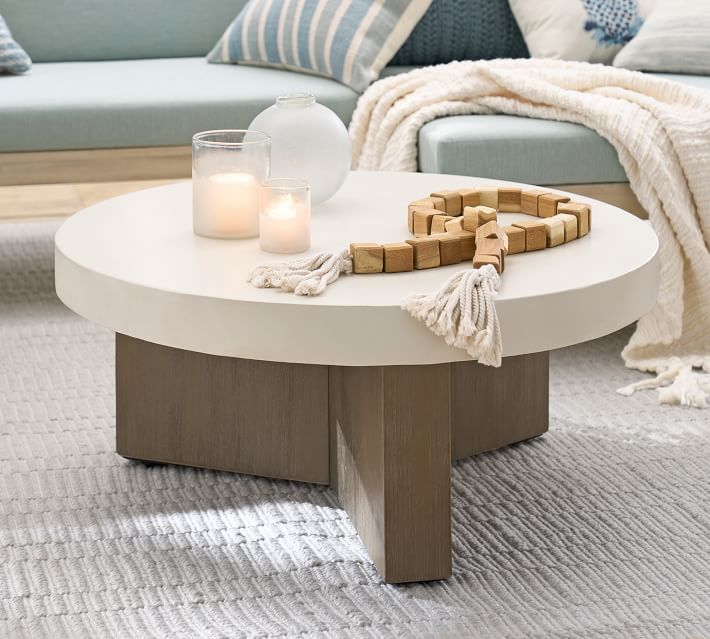 Pomona Concrete & Acacia Round Outdoor Coffee Table (38") thumbnail 2