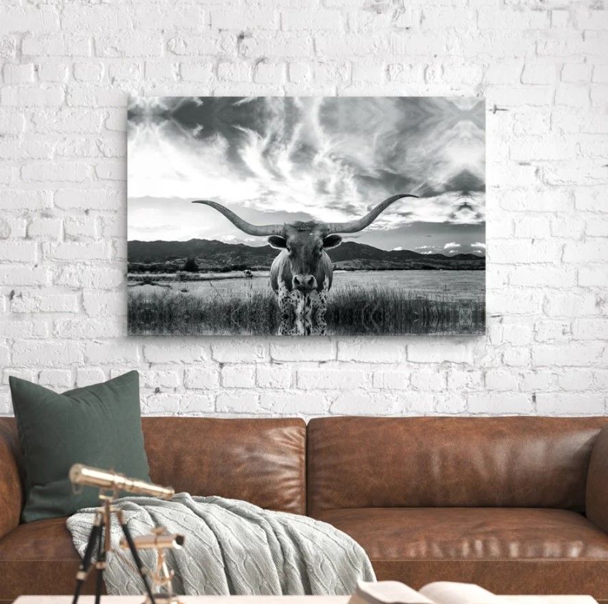 Black And White Longhorn Cow I Wrapped Canvas Photograph thumbnail 2