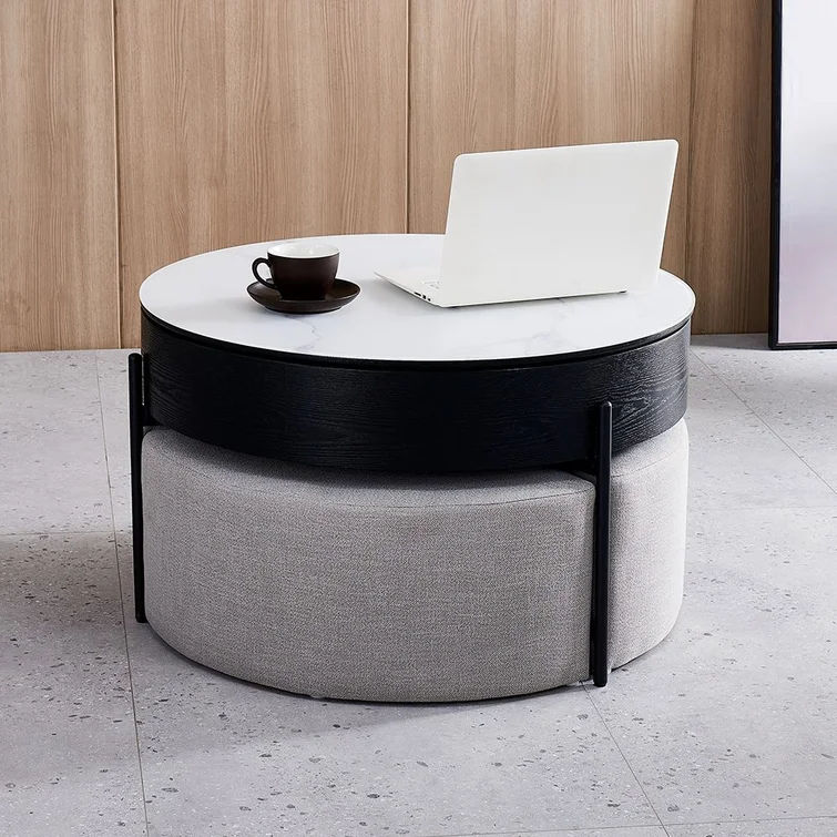 Round Lift-Top Coffee Table With Storage White & Black Without Stools thumbnail 2