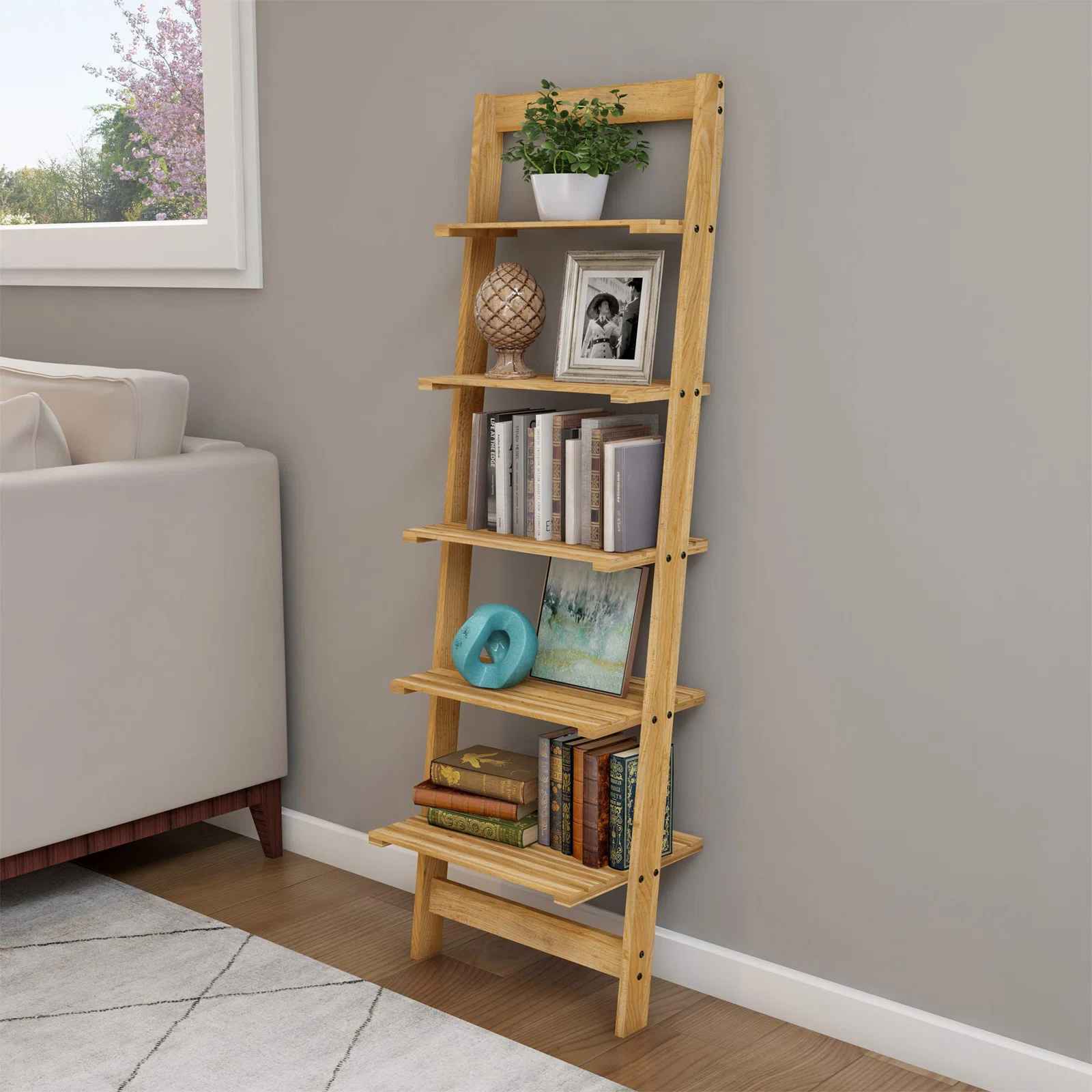 Ladder Bookshelf 5 Tier Leaning Decorative Shelves For Display thumbnail 2