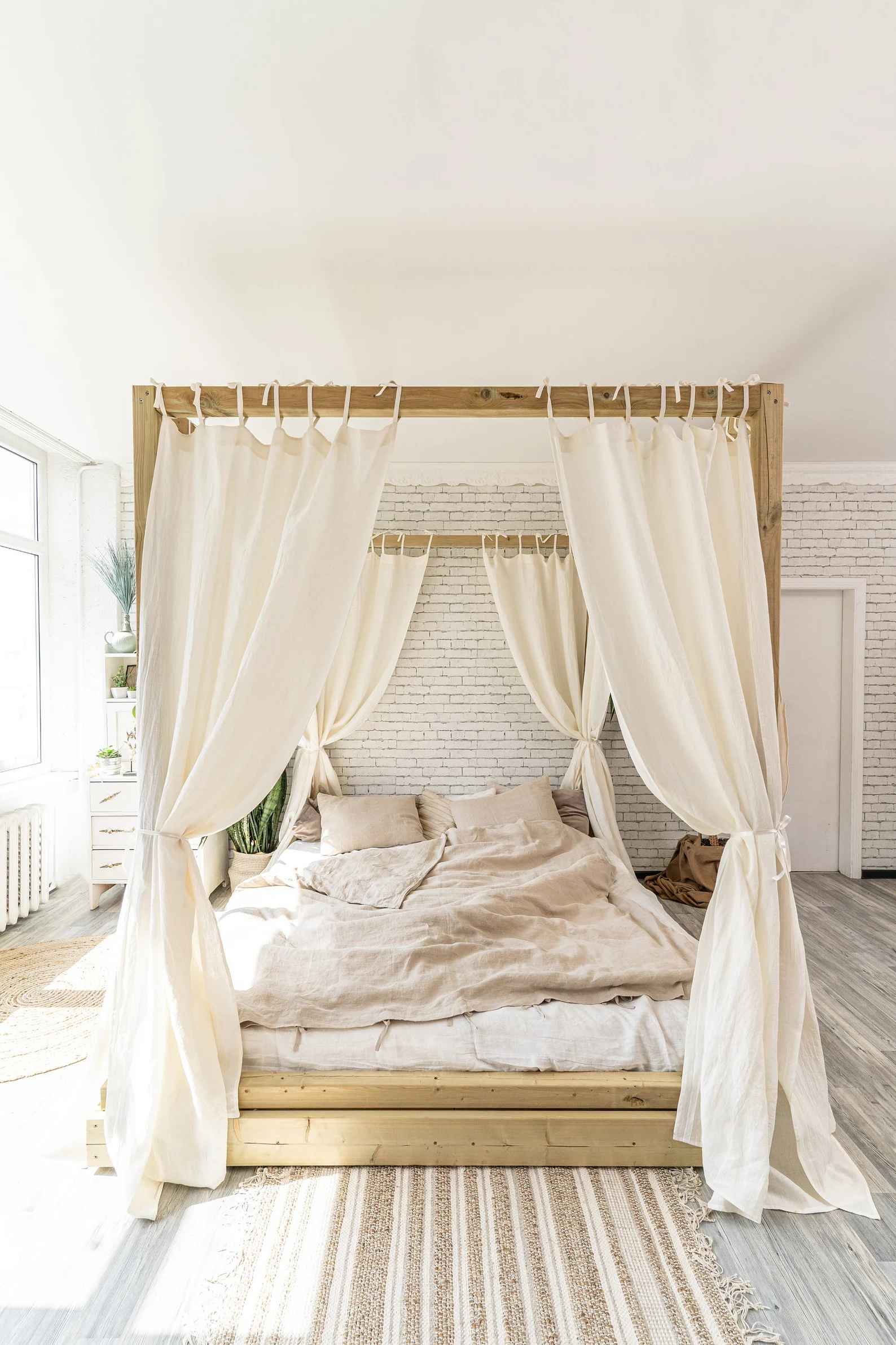 Linen Canopy Curtain Panel Bed Curtain with Tie Top thumbnail 3