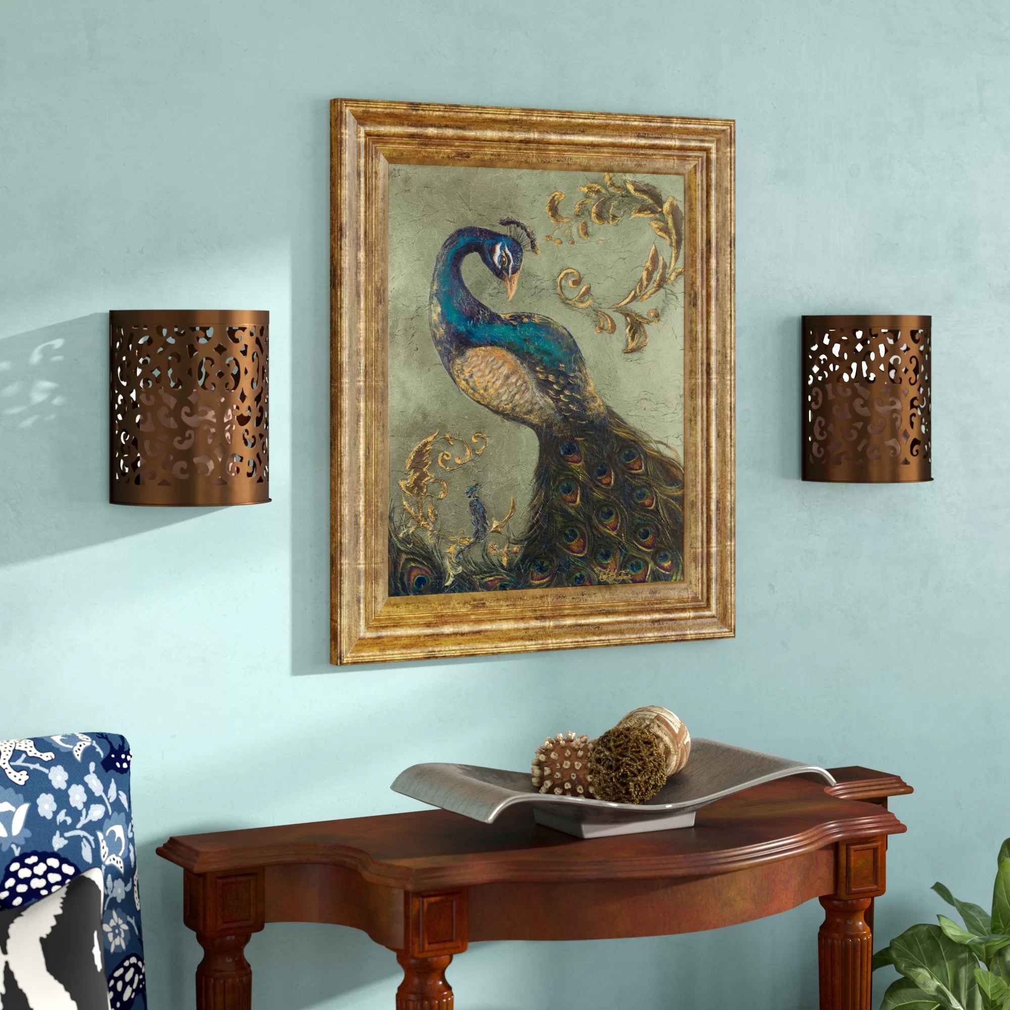 Peacock On Sage II by Tiffany Hakimipour Picture with Frame-26"x22" thumbnail 2