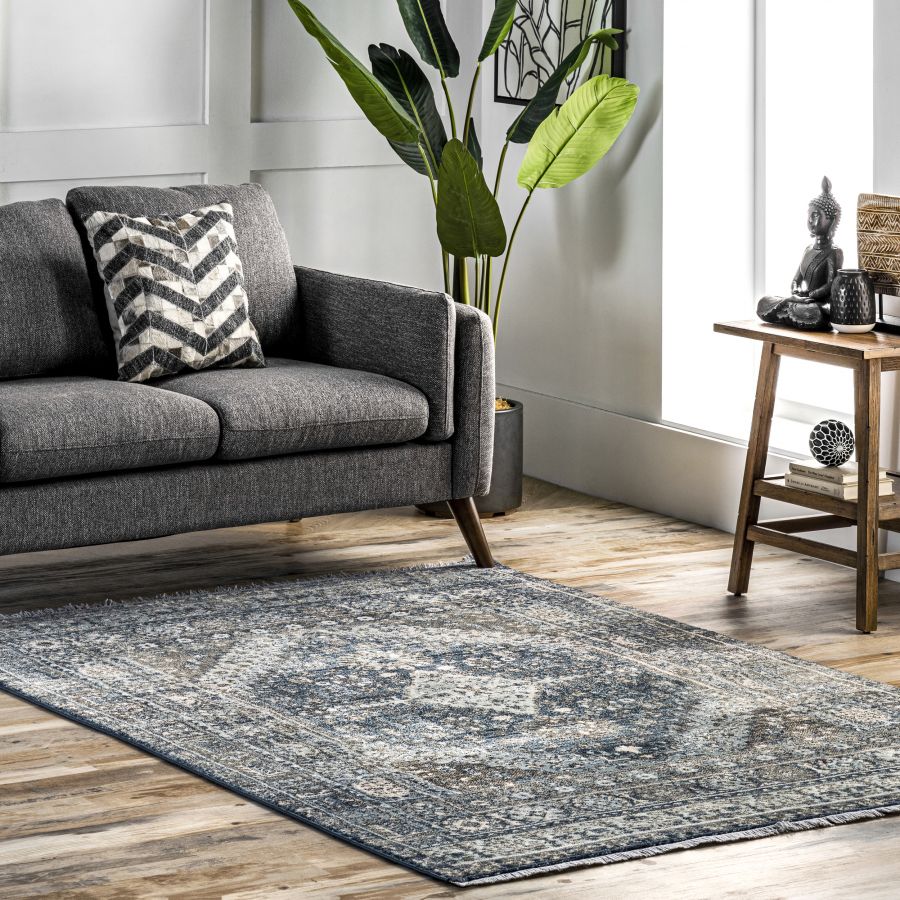 Light Blue Shaded Medallion Fringe Area Rug-9'x12' thumbnail 2