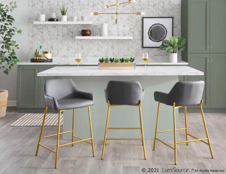 Daniella 33 in Grey Faux Leather and Gold Steel Counter Height Bar Stool thumbnail 3
