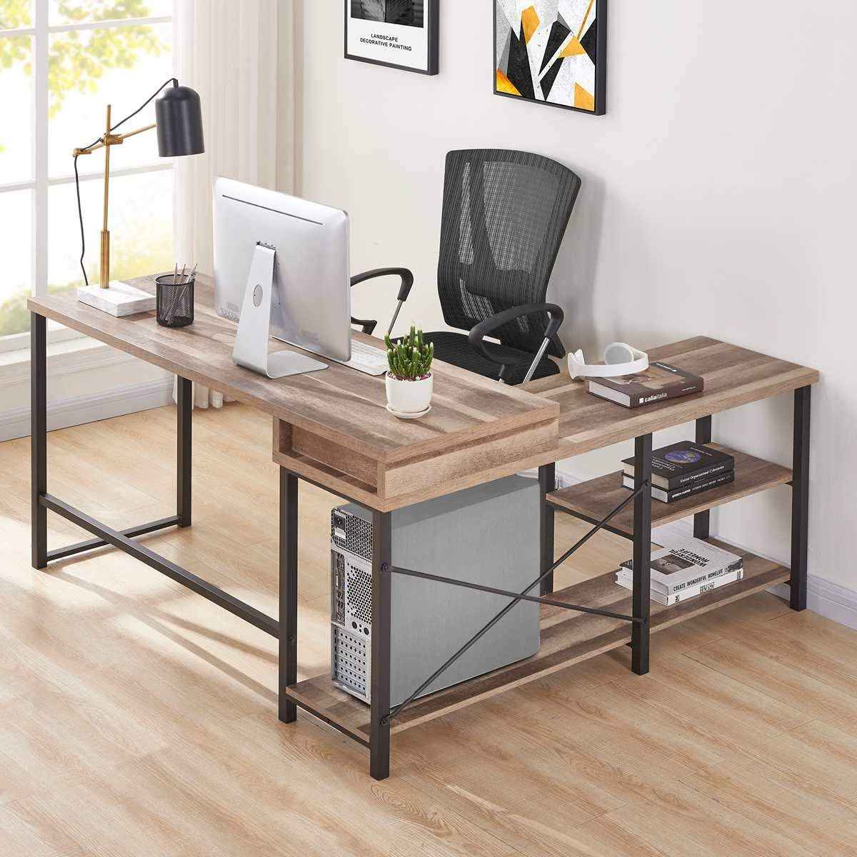 Bon Augure L Shaped Computer Desk with Storage Shelves thumbnail 2
