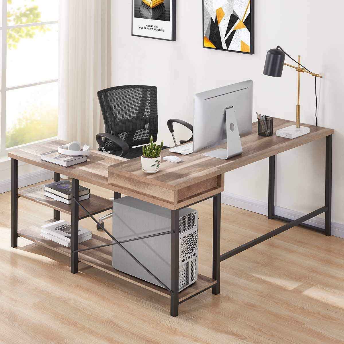 Bon Augure L Shaped Computer Desk with Storage Shelves thumbnail 3