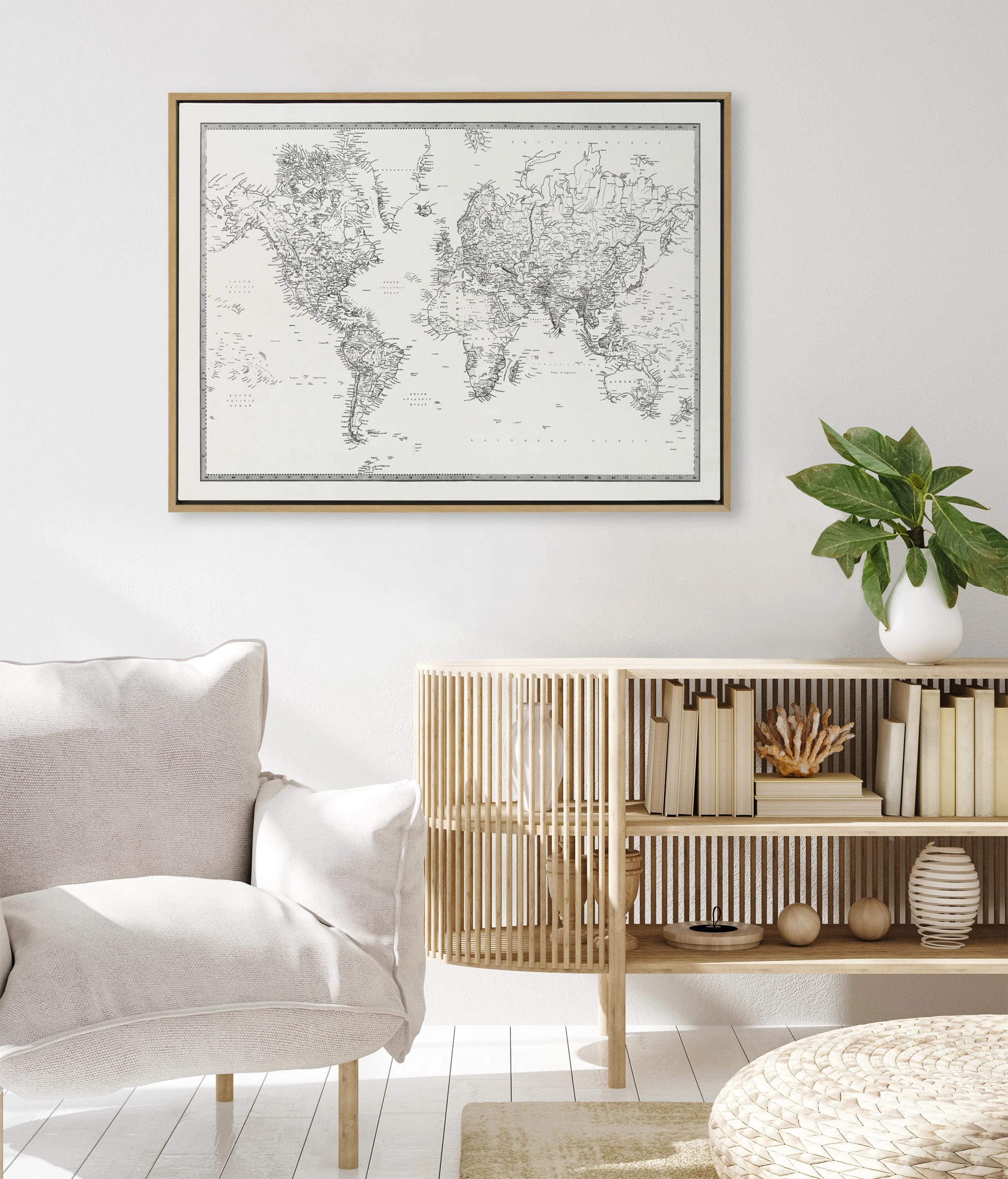 Vintage Black And White World Map BW FLINEN With Frame-28"x38" thumbnail 2