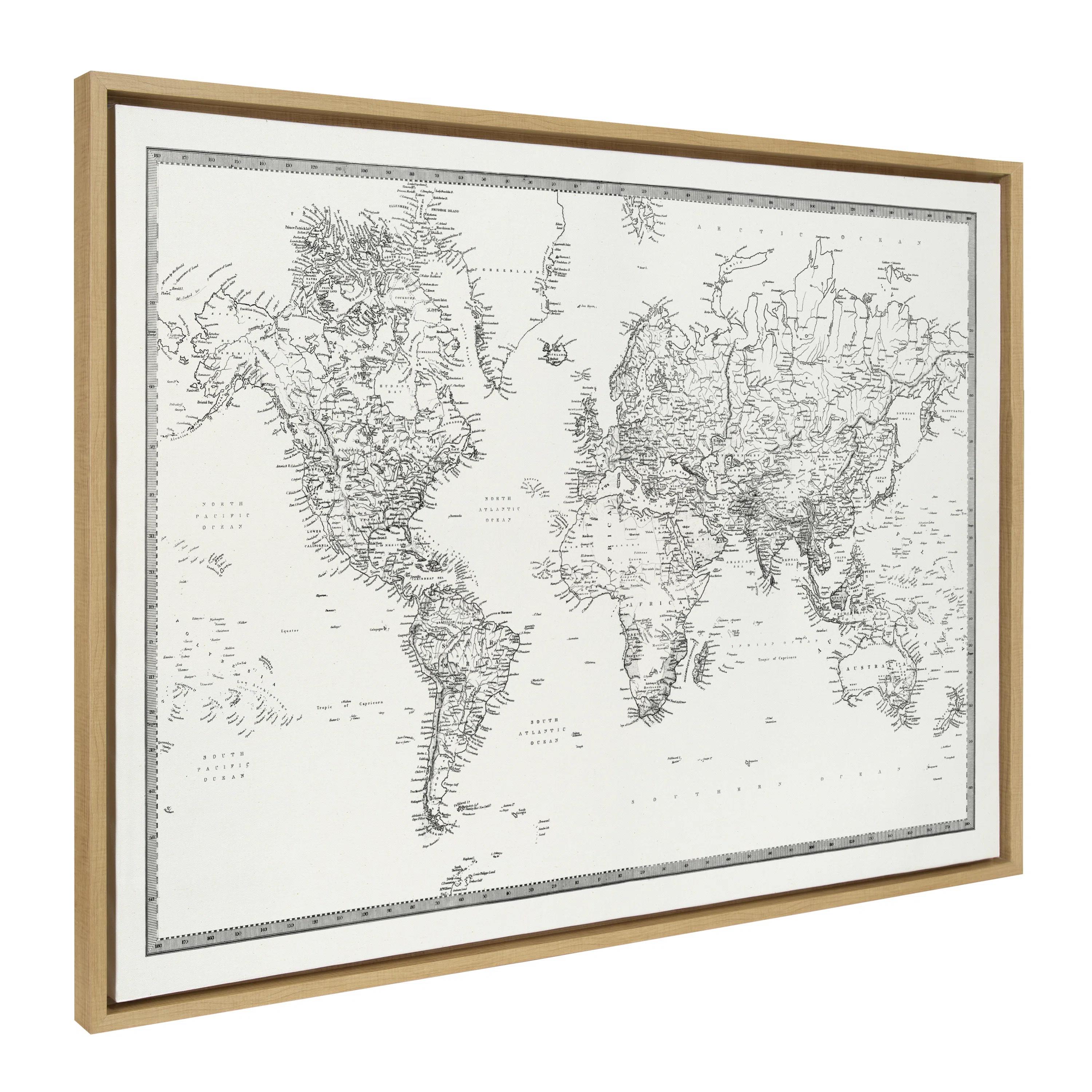 Vintage Black And White World Map BW FLINEN With Frame-28"x38" thumbnail 3