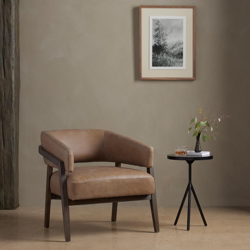 Dennis Rustic Lodge Brown Upholstered Leather Solid Dark Wood Barrel Chair thumbnail 2