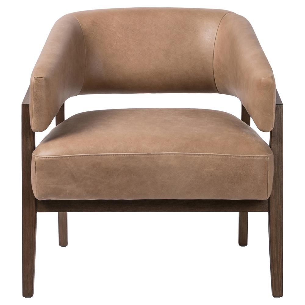 Dennis Rustic Lodge Brown Upholstered Leather Solid Dark Wood Barrel Chair thumbnail 3