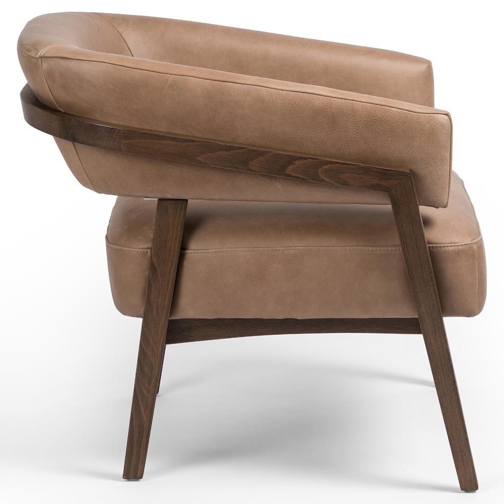 Dennis Rustic Lodge Brown Upholstered Leather Solid Dark Wood Barrel Chair thumbnail 4