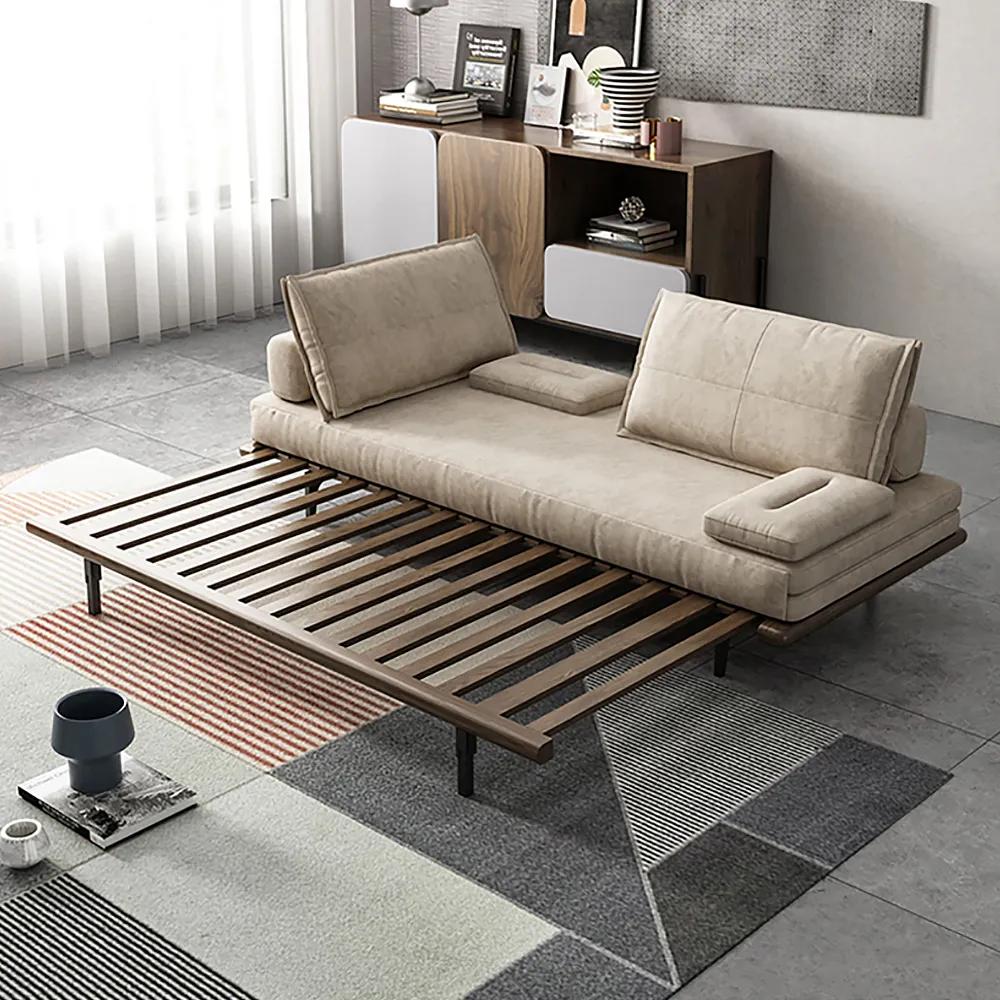 Japandi Pull Out Sofa Bed Khaki Wood Convertible Sleeper Sofa thumbnail 2
