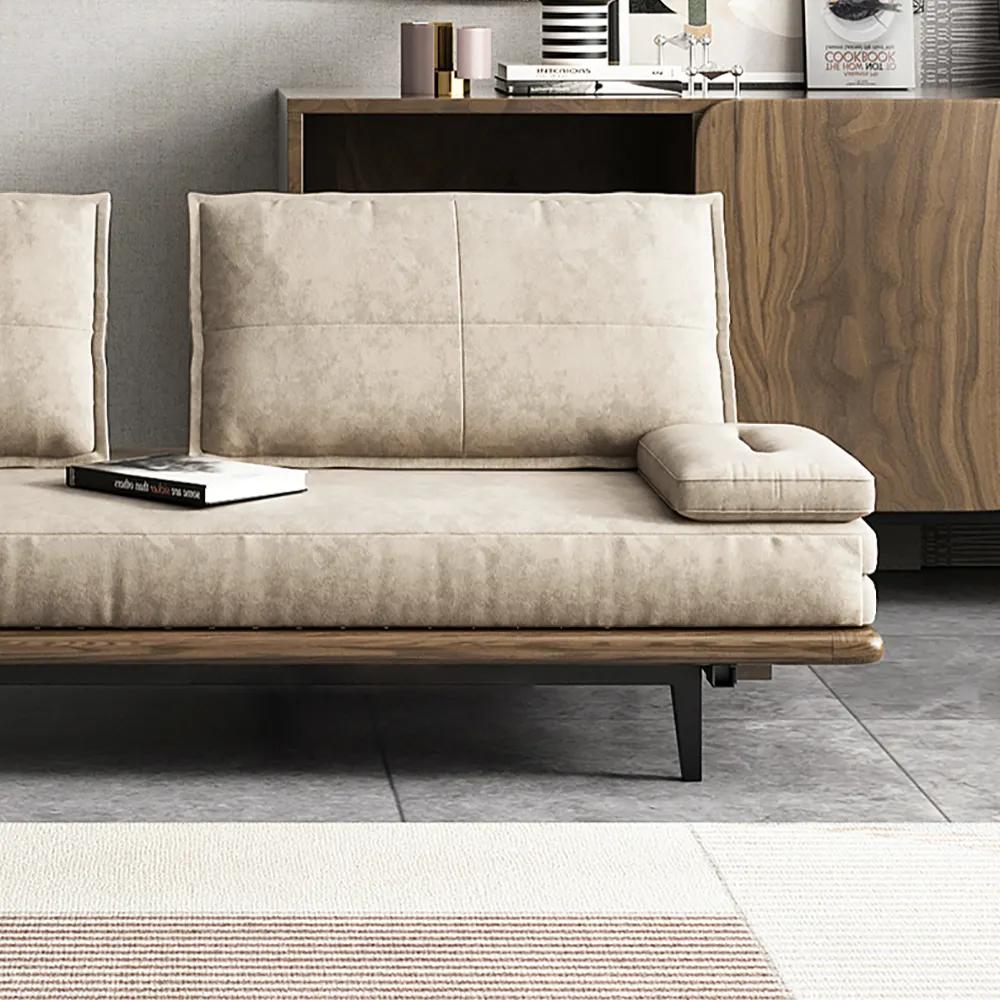 Japandi Pull Out Sofa Bed Khaki Wood Convertible Sleeper Sofa thumbnail 3