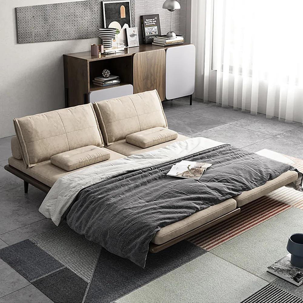 Japandi Pull Out Sofa Bed Khaki Wood Convertible Sleeper Sofa thumbnail 4