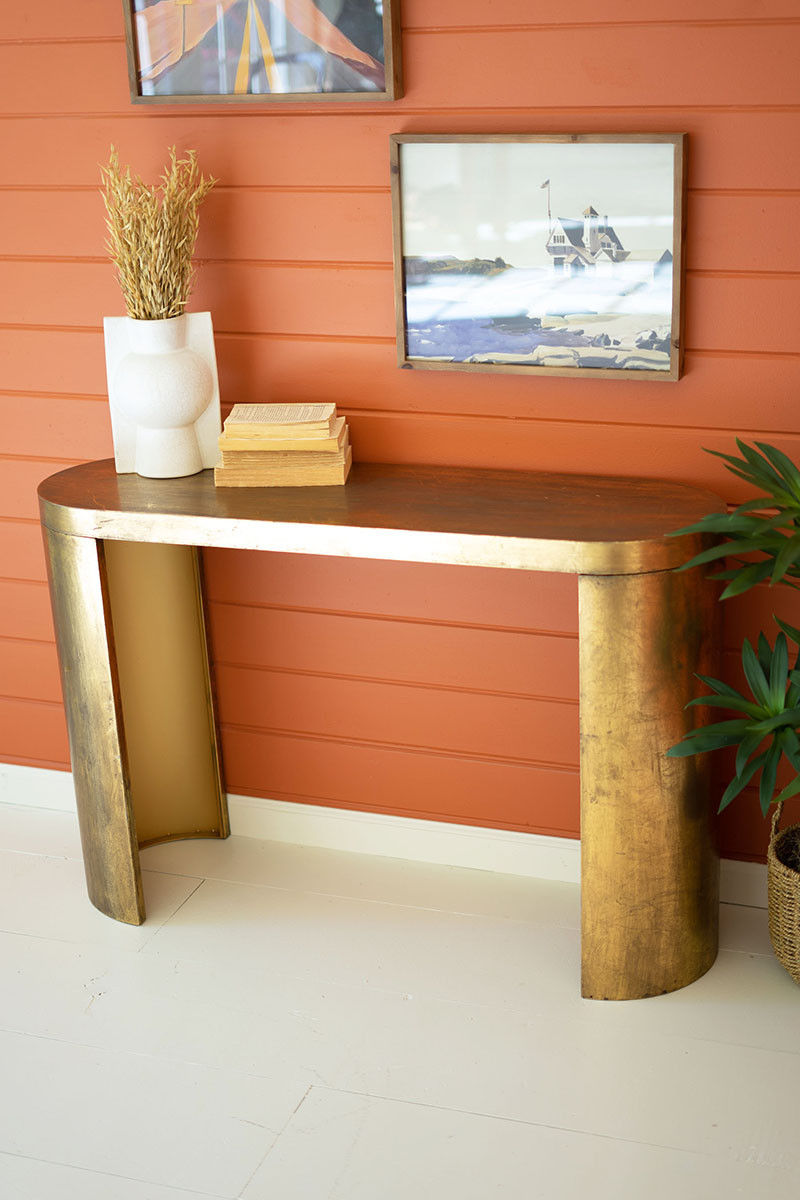 oval antique brass console table thumbnail 3