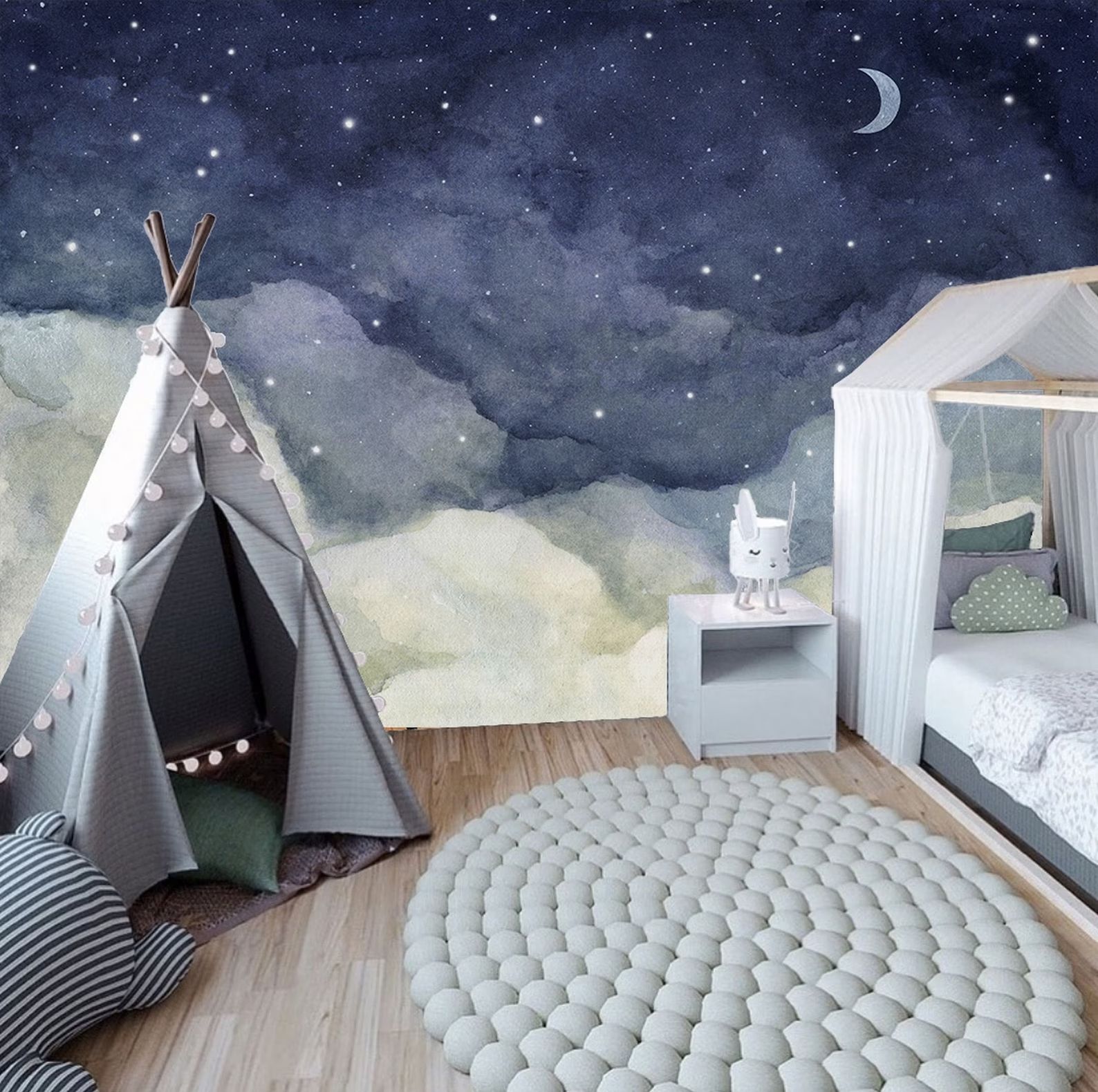 Cloudy Night Sky Wallpaper Peel Stick Moon Scape Wall Mural thumbnail 2