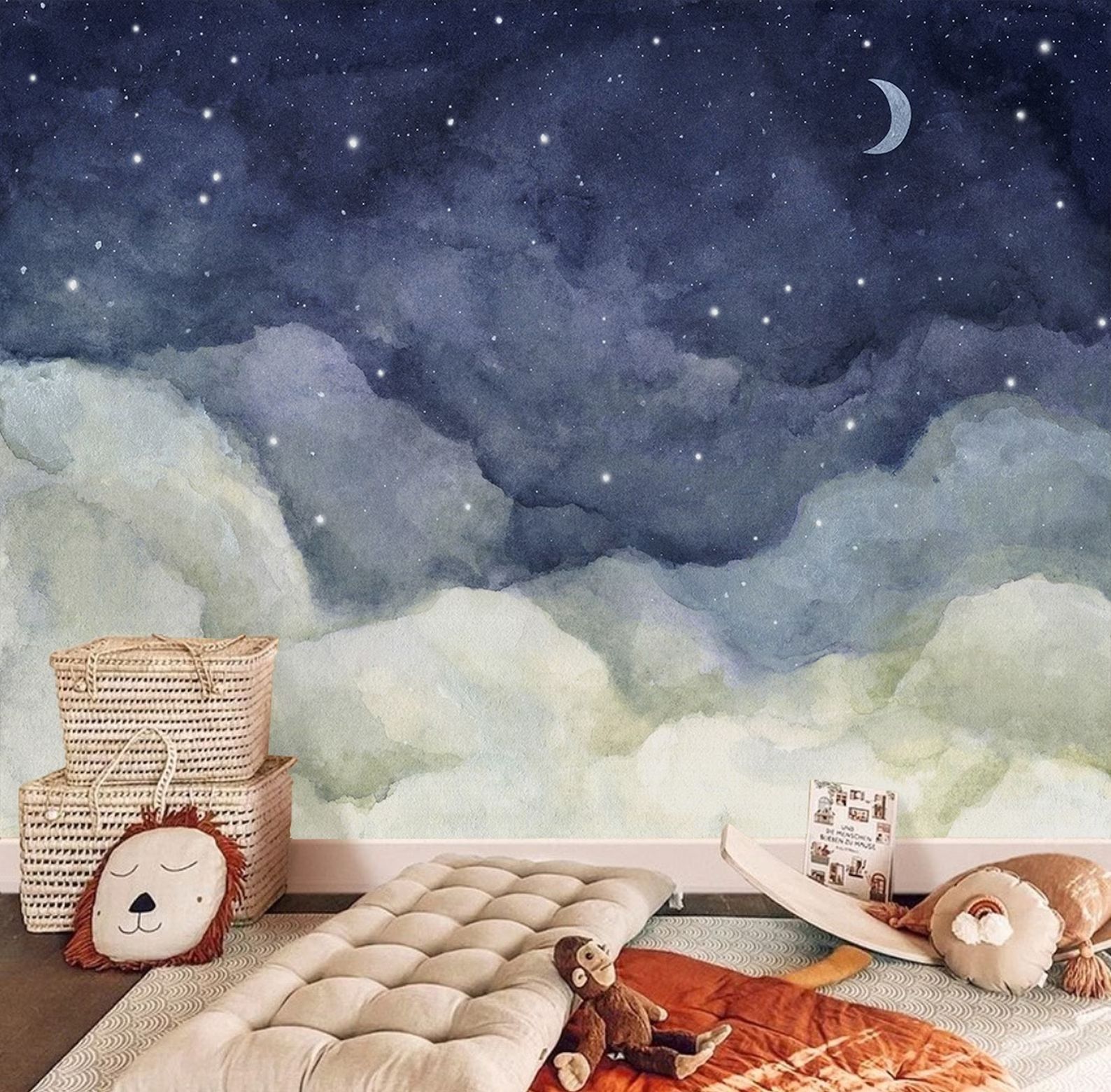 Cloudy Night Sky Wallpaper Peel Stick Moon Scape Wall Mural thumbnail 3