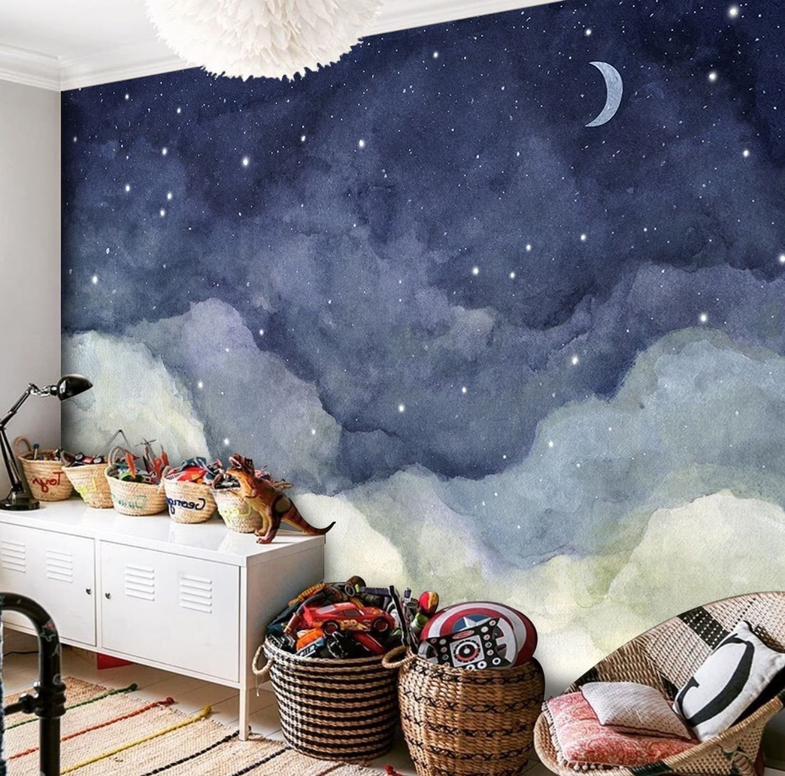 Cloudy Night Sky Wallpaper Peel Stick Moon Scape Wall Mural thumbnail 4