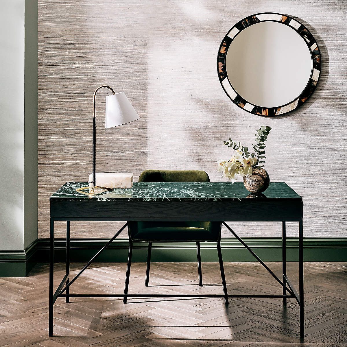 Irwin Black Oak Wood Desk With Green Marble Top Model thumbnail 2