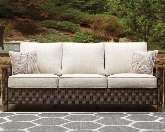 Estill Wide Outdoor Wicker Patio Sofa with Cushions thumbnail 2