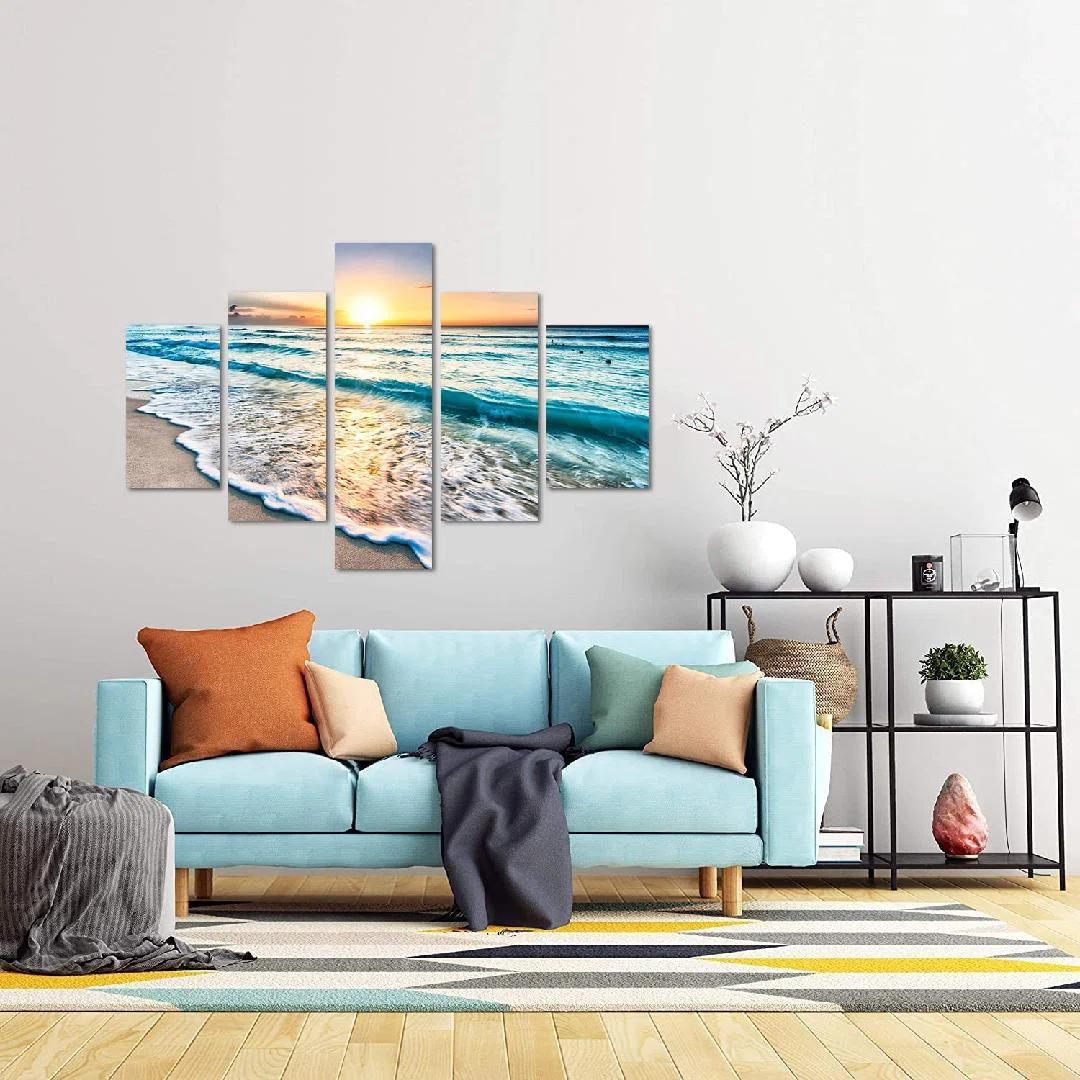 Blue Ocean Sunrise Artwork Modern Landscape Painti 5 Piece Wrapped Canvas Painting Set thumbnail 2