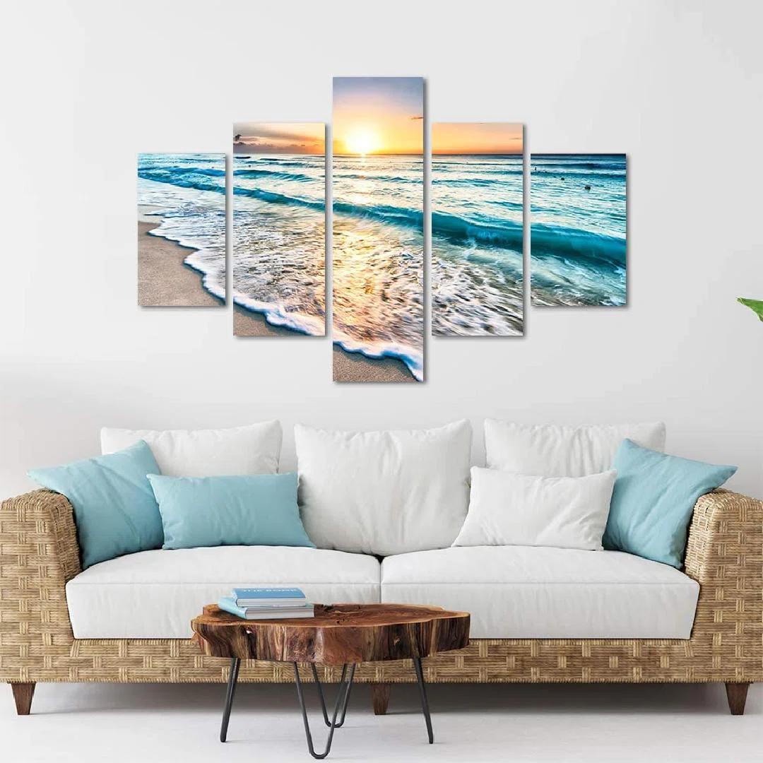 Blue Ocean Sunrise Artwork Modern Landscape Painti 5 Piece Wrapped Canvas Painting Set thumbnail 3